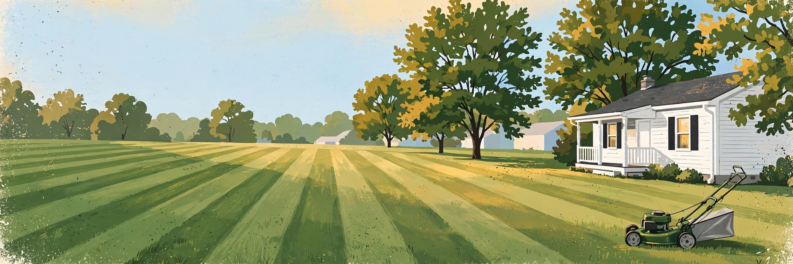 Illustration of a freshly mowed neighborhood lawn with crisp stripes and a green push mower