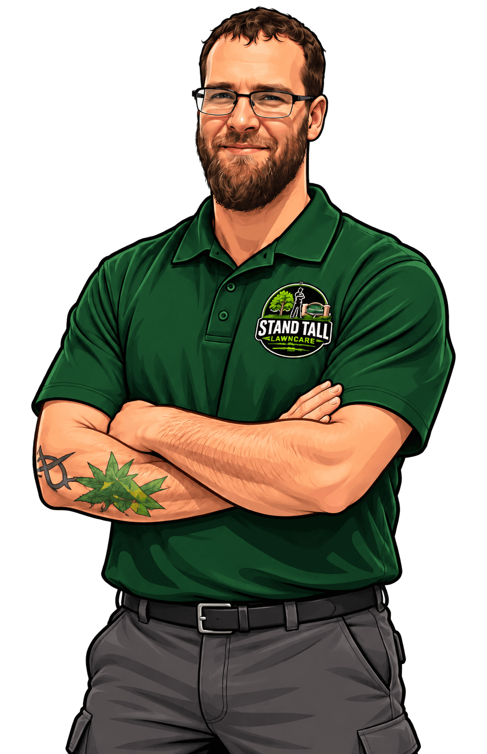 Tyler Stager, owner of Stand Tall Lawncare, wearing a green company polo